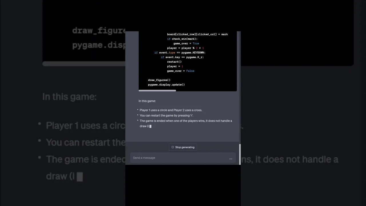 ChatGPT codes a simple Tic Tac Toe game using Python's pygame