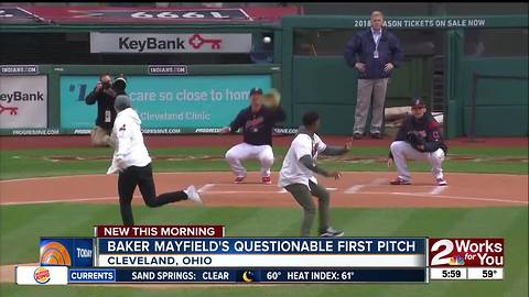 Baker Mayfield misses strike zone with first pitch at Cleveland Indians game