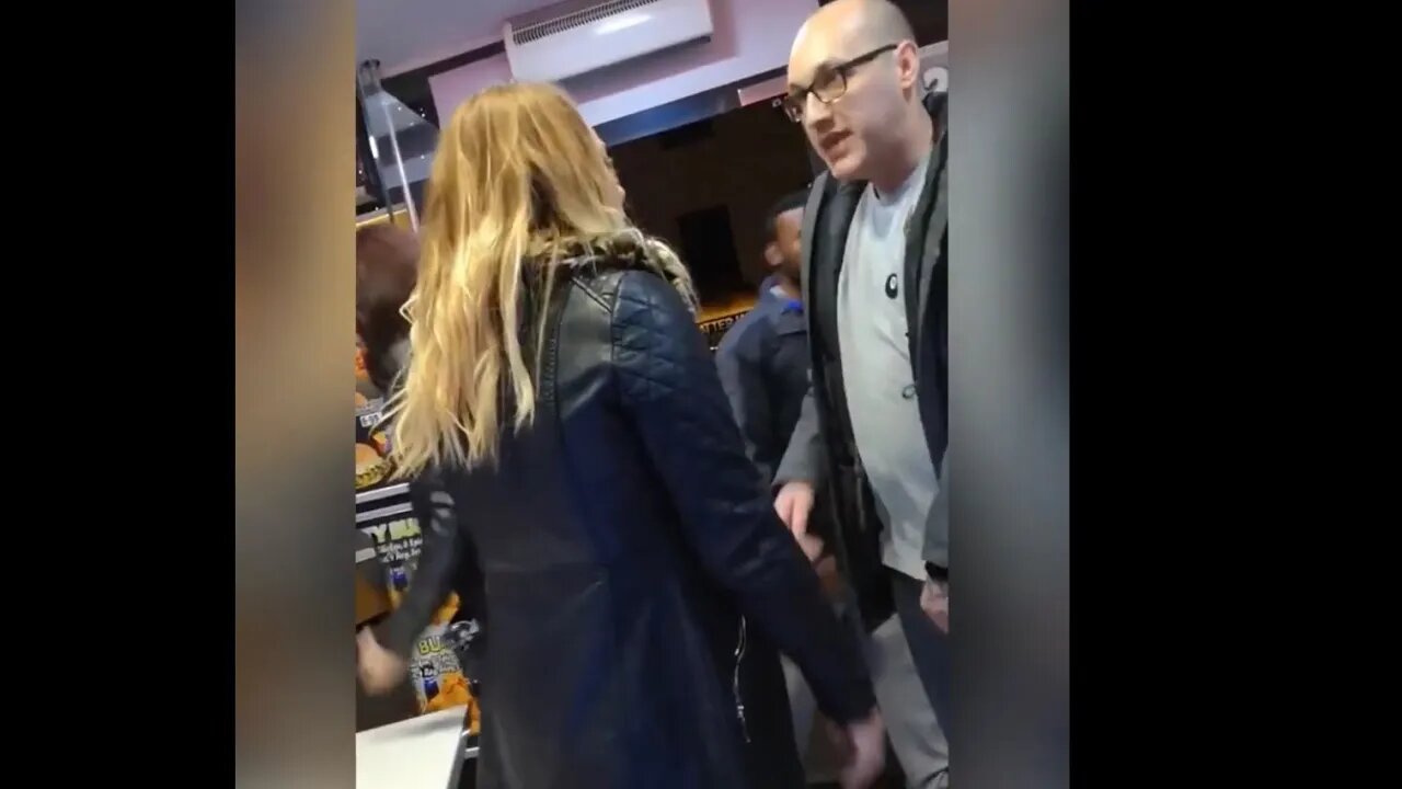 UK Two girls vs two guys fight in restaurant/takeaway in early hours of the morning