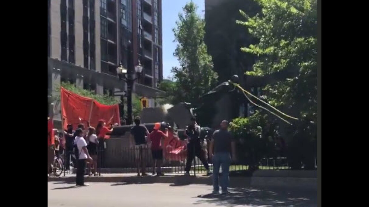 Hamilton, CHINAda: Statue of John A. Macdonald, the first PM, toppled by protesters