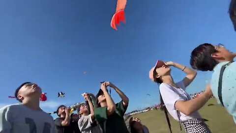 Little girl got entangled in a giant kite and went up into the sky ! 