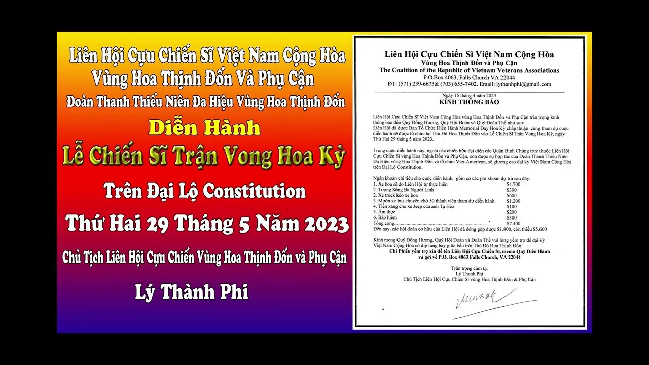 Thông Báo Diễn Hành nhân Ngày Chiến Sĩ Trận Vong (Memorial Day) của LHCCSVNCH HTĐ 29/5/2023