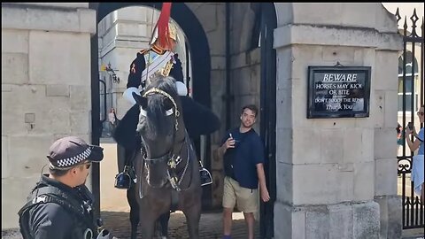 Armed police shout at tourist walking through the horse box stand back #horseguardsparade