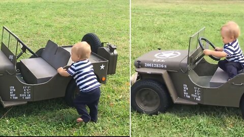 A baby drives a willys jeep funny video.(loos a amezing video) .