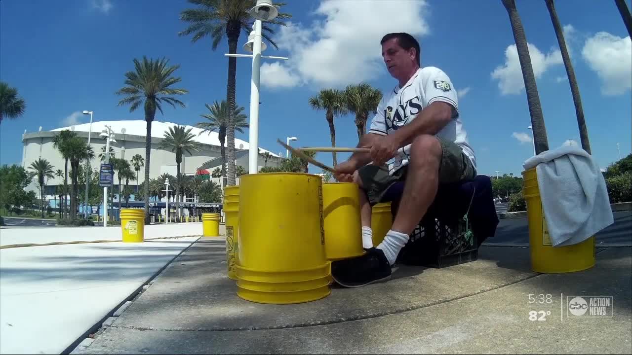 Tampa Bay Rays bucket drummer drums around the house waiting for baseball to begin