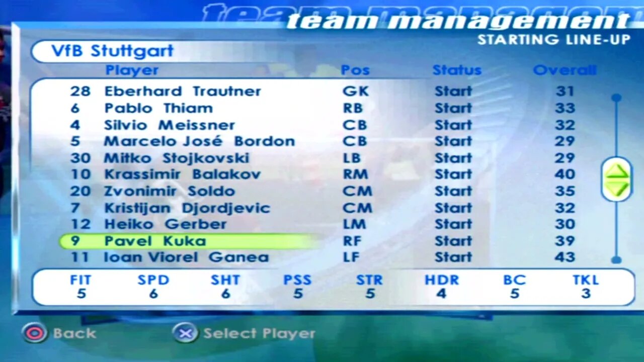 FIFA 2001 VfB Stuttgart Overall Player Ratings