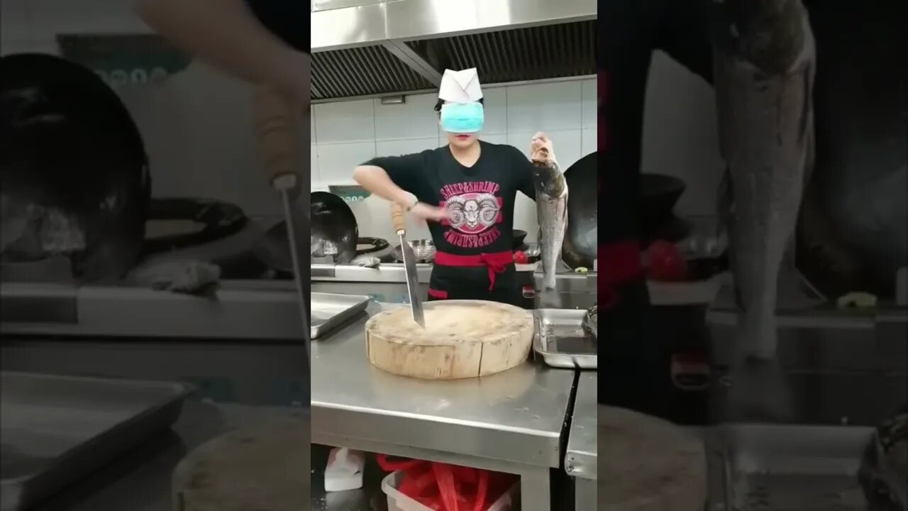 Blindfolded Chinese Girl Chef Makes With The Knife Tricks