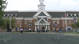 Students and parents arrive for the first day of school at LeBron James' I PROMISE School in Akron