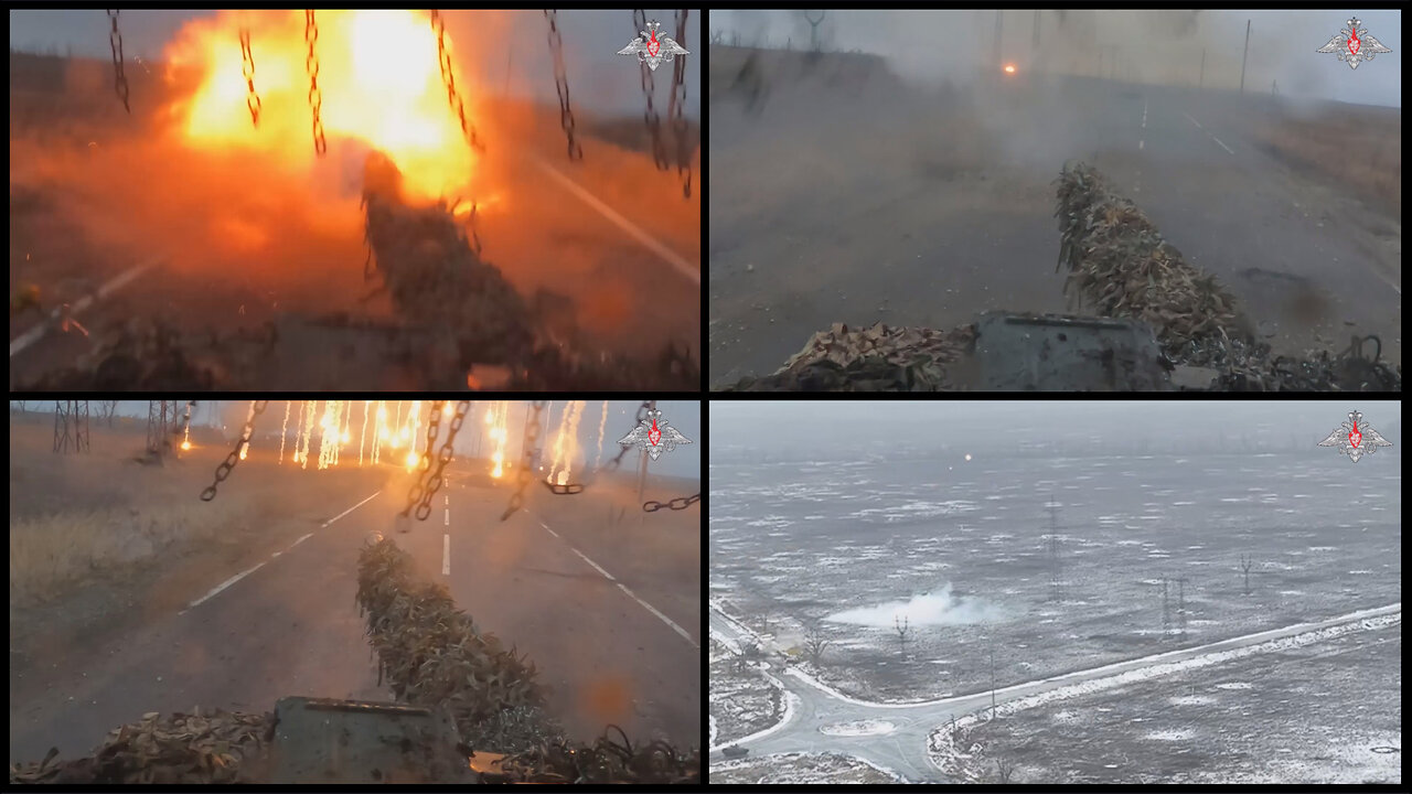 Marinka area: Russian T-90M tanks during the battles for the liberation of Marinka