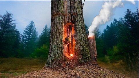 Building a Warm Secret Shelter deep inside a great OAK tree, Clay oven.