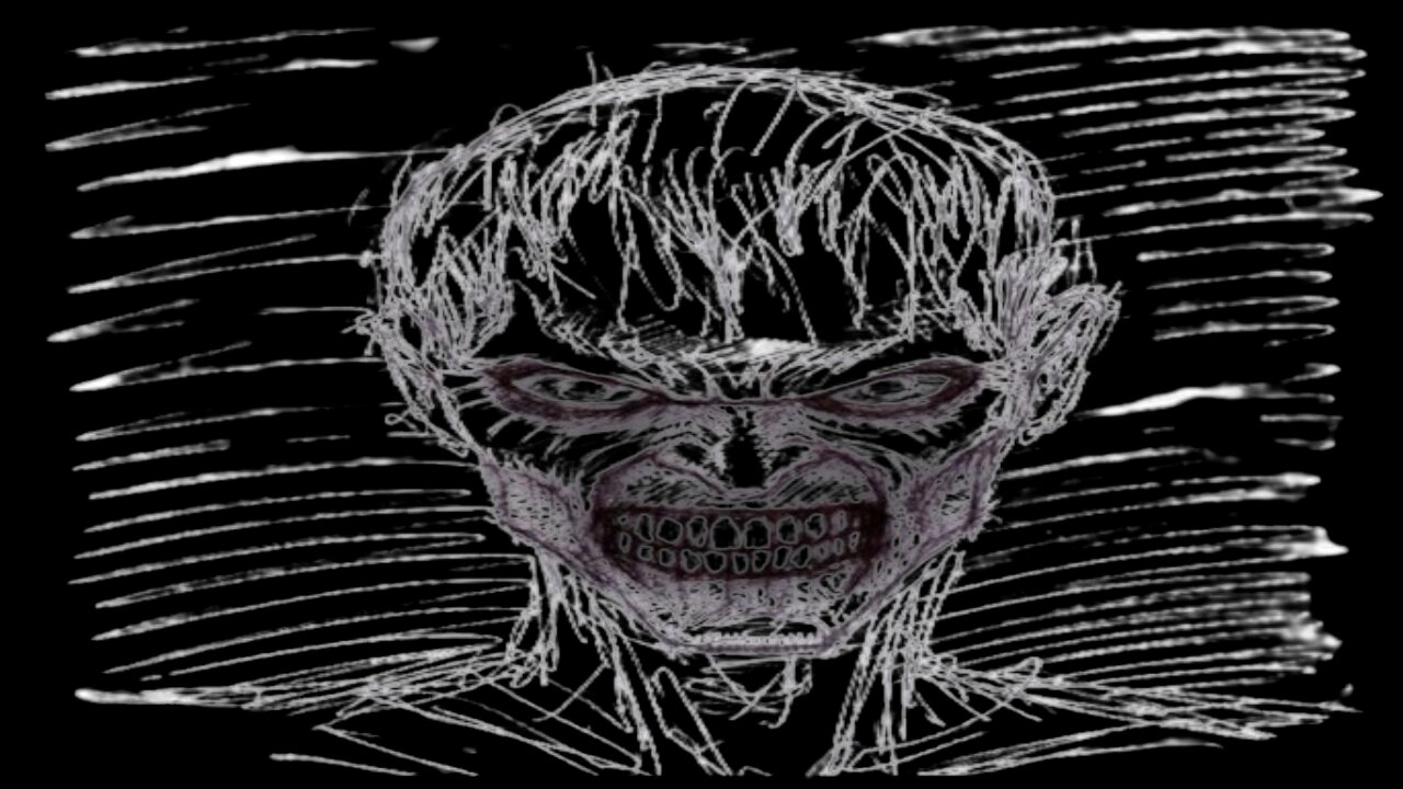 Scary drawing - Horrible design of a bony face with scary eyes and protruding teeth. 💀☠️