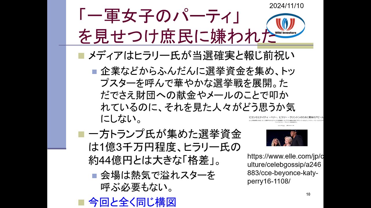 投資戦略動画（公開用）20241110 民主党の敗因は8年前と変わっていない！当時の会員レポートを公開。ハリス氏はバイデン氏の首を狙ってた。「一軍女子パーティ」見せ庶民に嫌われ。