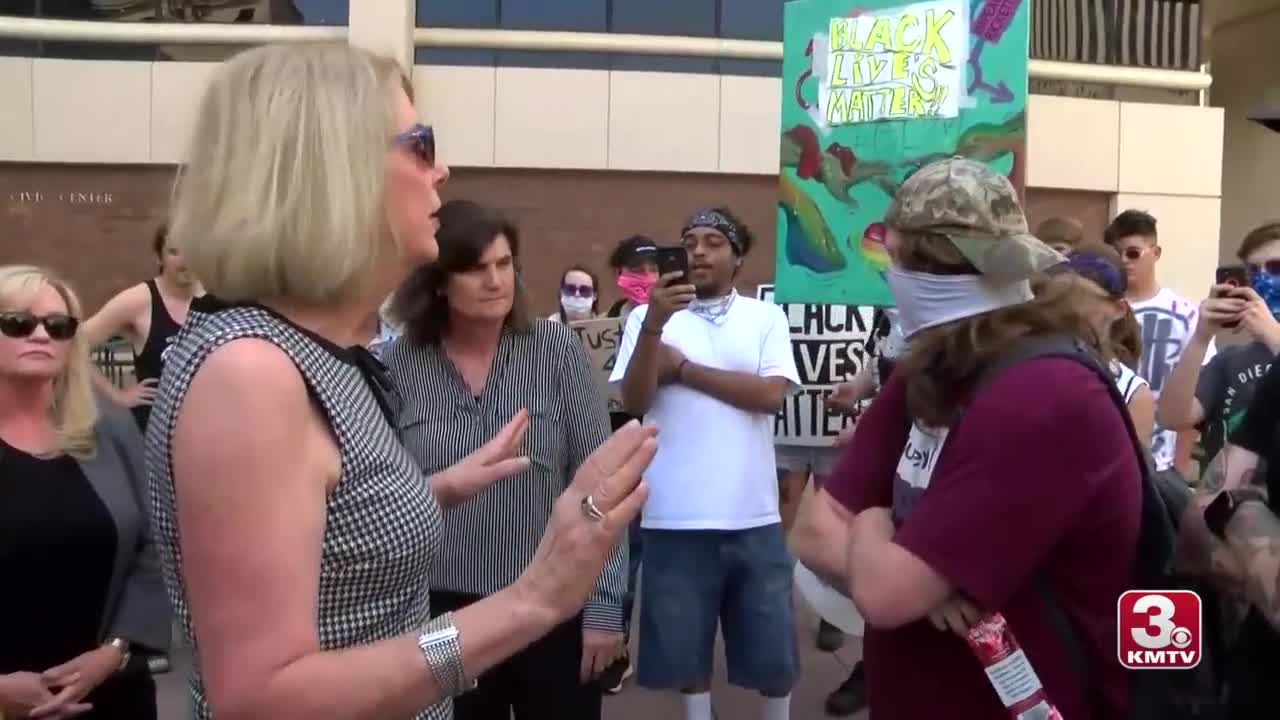 Mayor Stothert meets with protesters outside of City Hall Tuesday afternoon