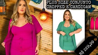 🛍️ PLUS SIZE CONJUNTO FEMININO SHORT SAÍA E BLUSINHA CROPPED E CARDIGAM