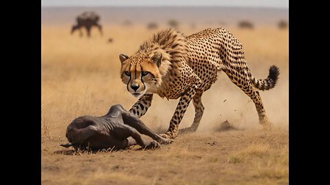 A cheetah preying on wildebeest