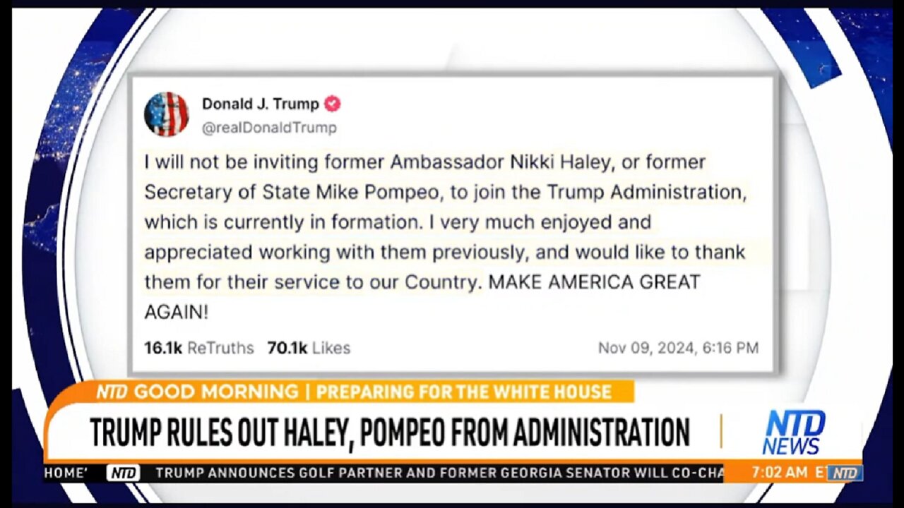 TRUMP RULES OUT HALEY, POMPEO FROM ADMINISTRATION