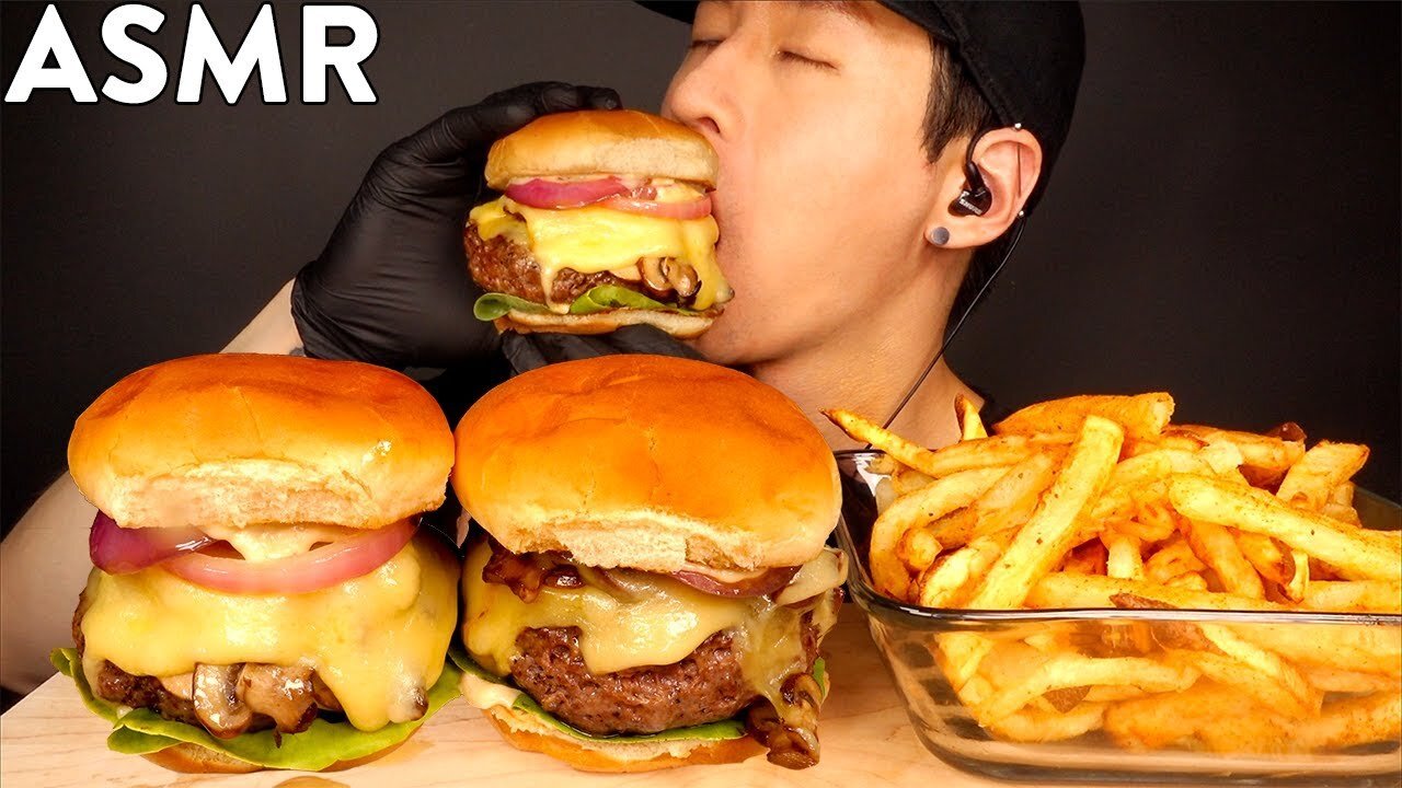 ASMR MUSHROOM SWISS BURGER & FRIES (No Talking) COOKING SOUNDS Zach Choi ASM