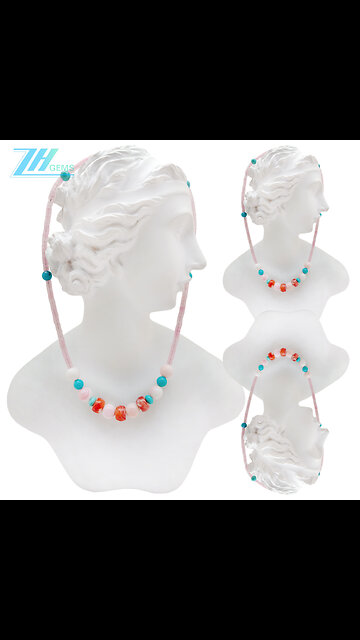 Rose Quartz beads and Natural turquoise spiny oyster smooth beads handmade necklace01