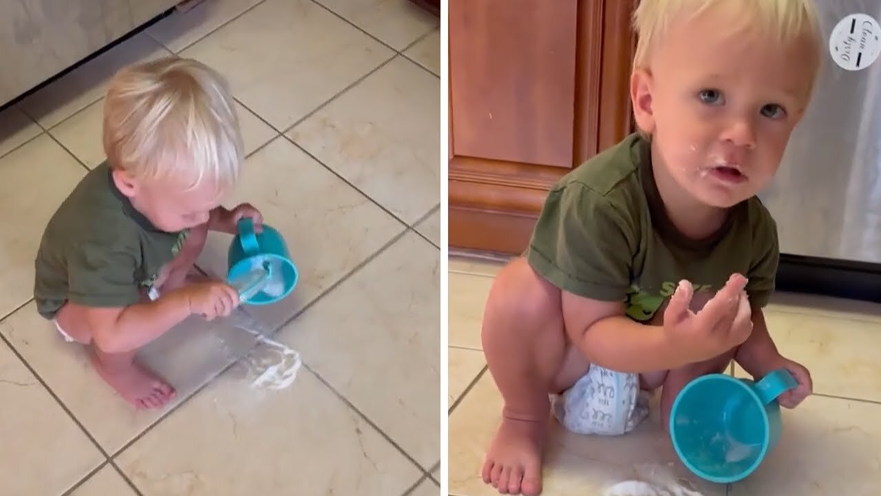 Mom finds quiet toddler eating sugar on kitchen floor #