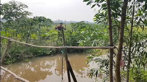 Jovem tenta atravessar "Ponte dos macacos" por cima de rio