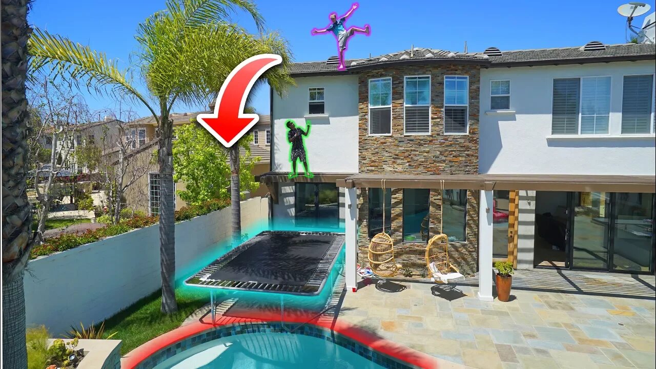 CRAZY TRAMPOLINE TRICKS INTO BACKYARD POOL! *SKETCHY*