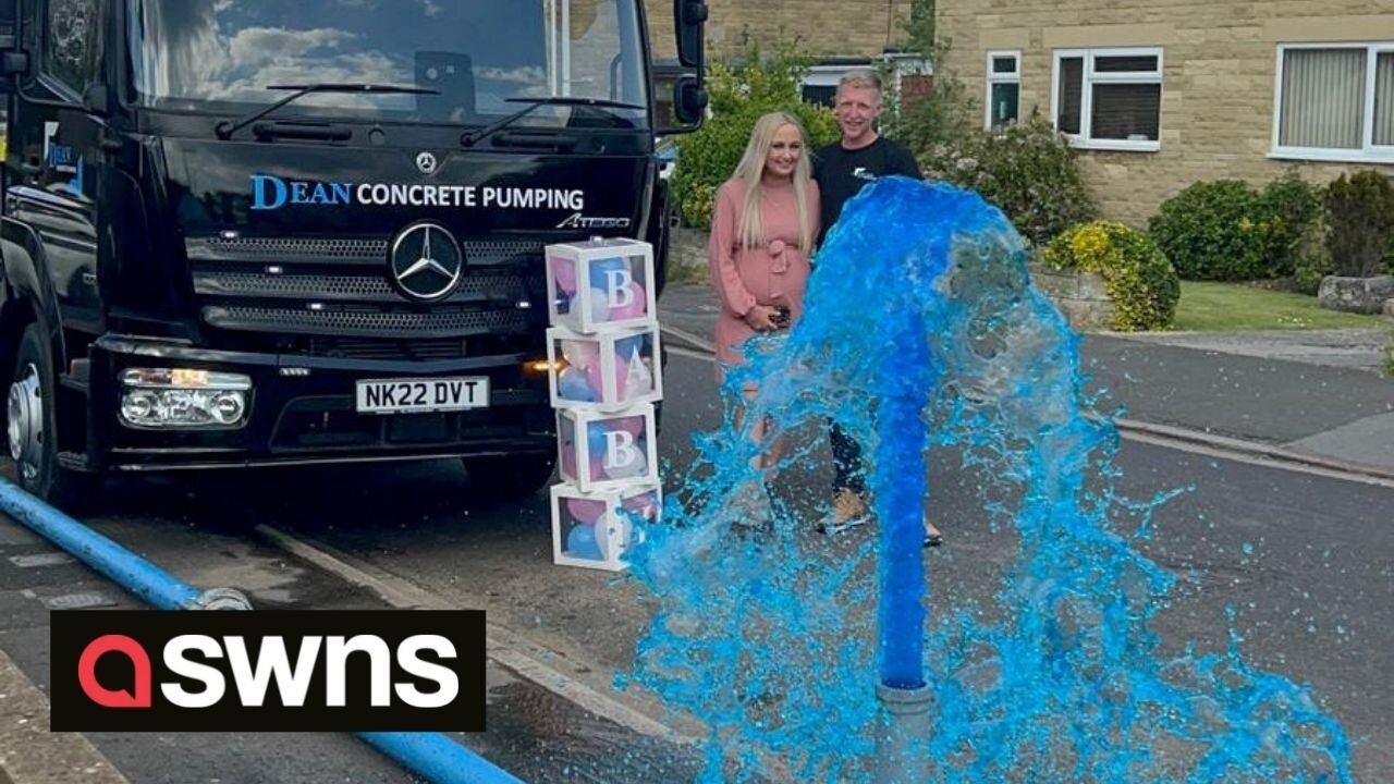 Unique gender reveal sees concrete contractor shoot gallons of blue water from giant pump