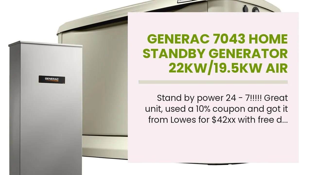 Generac 7043 Home Standby Generator 22kW/19.5kW Air Cooled with Whole House 200 Amp Transfer Sw...