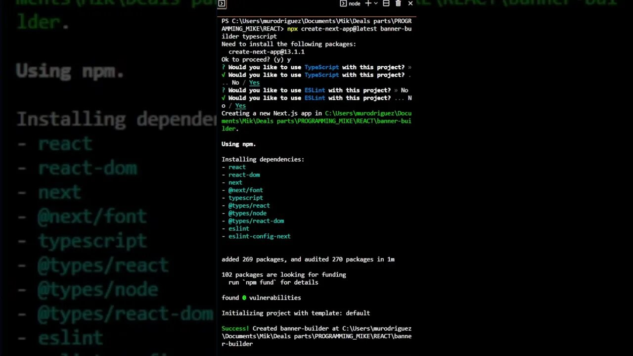 create a #nextjs app plus #typescript and run #dev #shorts