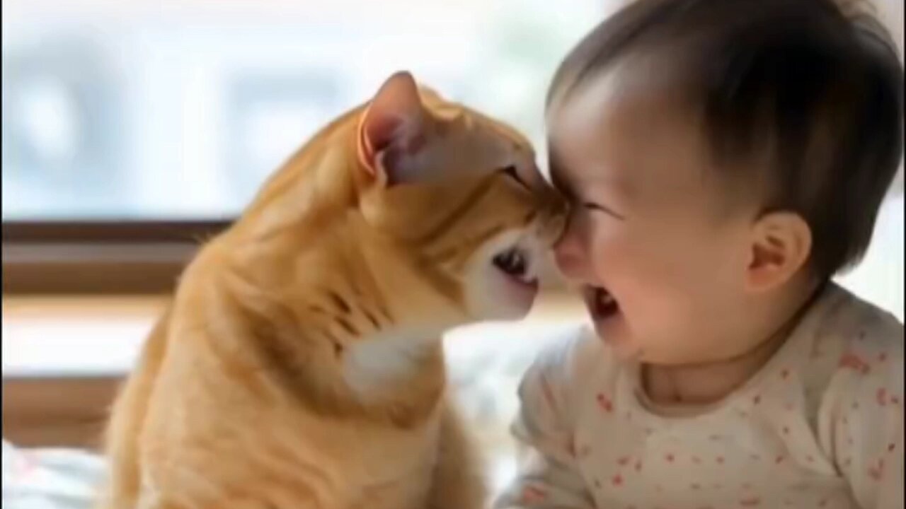 cute baby and cute cat