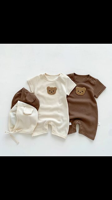 New In Summer Kids Baby Girls Boys Short Sleeve Waffle Patch Bear Infant Newborn Jumpsuits