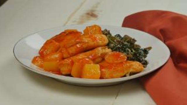 Pineapple Sriracha Chicken over Wild Rice with Spinach