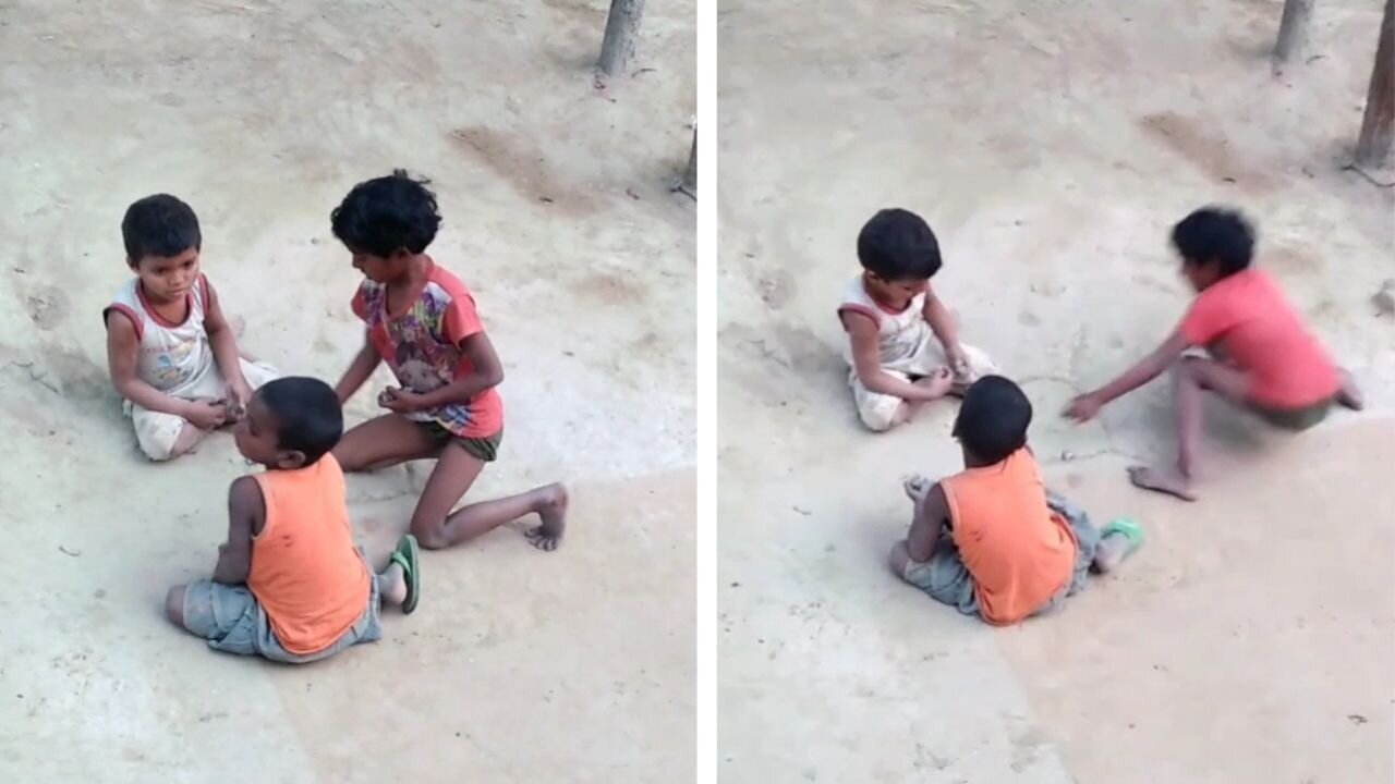 Kids have fun playing with their pebbles.