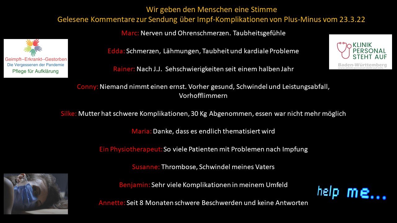 Wir geben den Menschen eine Stimme. Gelesene Kommentare Sendung ARD Impfkomplikationen Teil 5