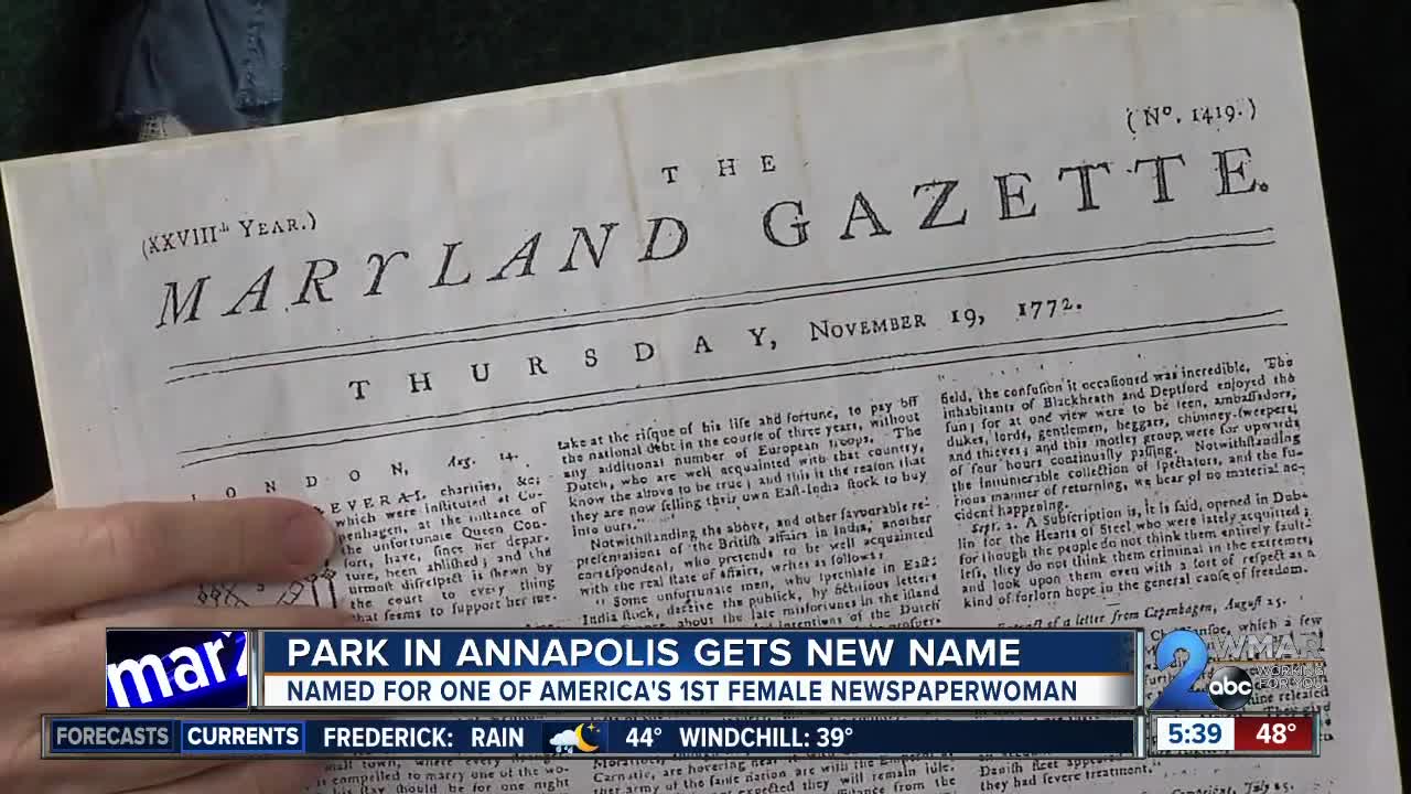 Park in Annapolis renamed after First Newspaperwoman