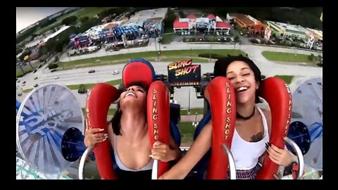 Cute girls slingshot ride with funny reaction 😂😂