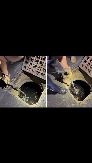 Police officers rescue raccoon from a catch basin