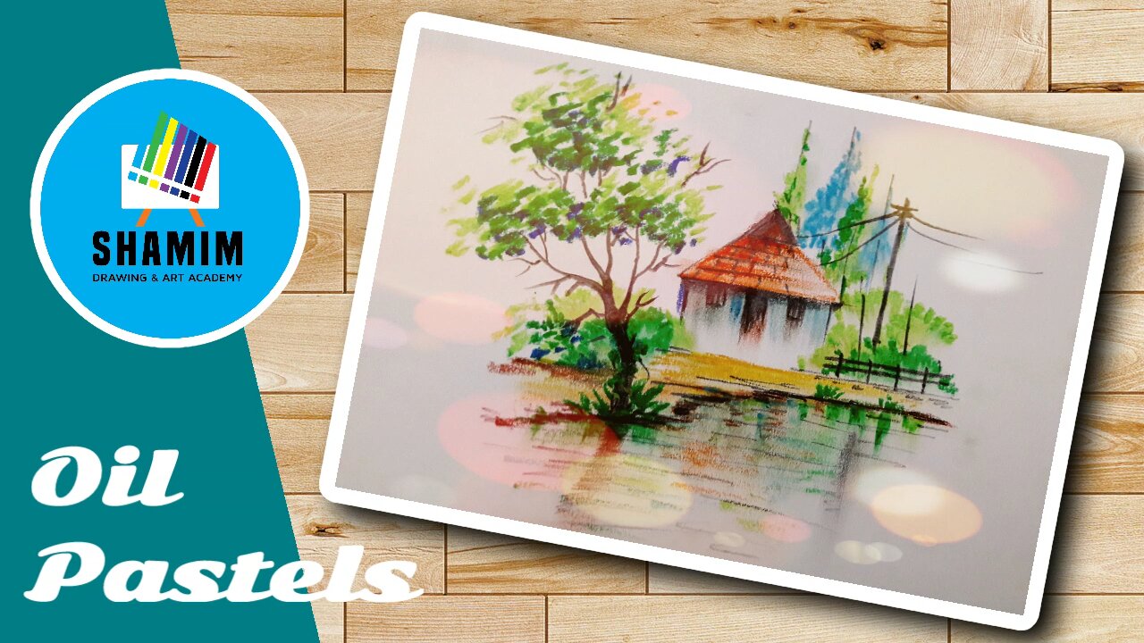 Beautiful Village Scenery Drawing with House Tree in Oil Pastel | Drawing Tutorial