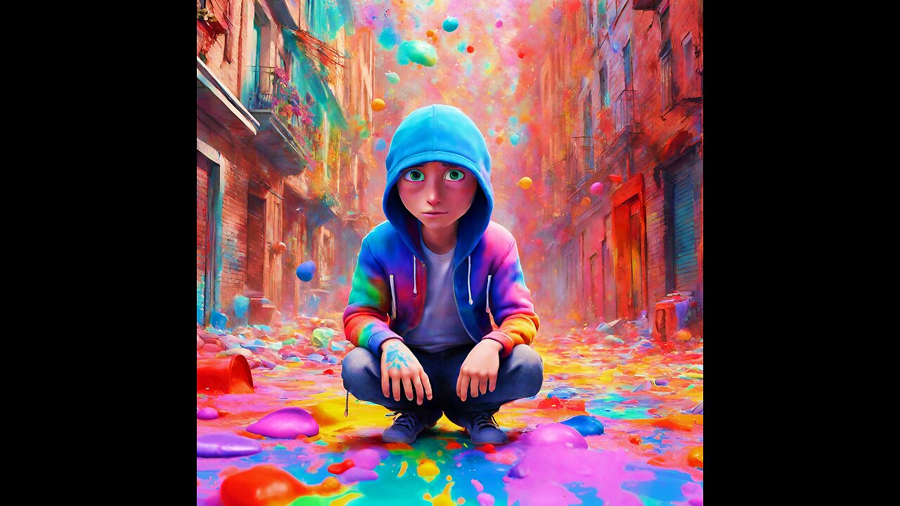 AI Generated Video of the Boy sitting in the colourful street