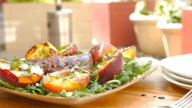 Seared Beef Sirloin and Grilled Peaches with Feta Cheese and Basil