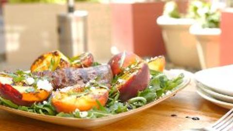 Seared Beef Sirloin and Grilled Peaches with Feta Cheese and Basil