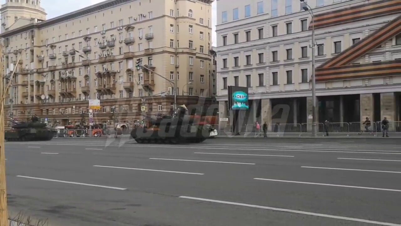 A column of tanks and armored vehicles practicing for the Victory Day parade on May 9