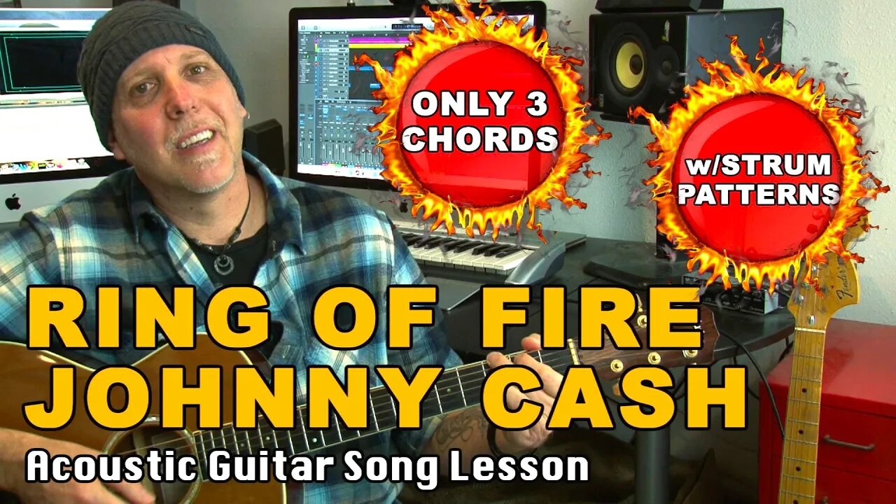 Ring Of Fire by Johnny Cash Guitar Song lesson ONLY 3 Chords - with TABS