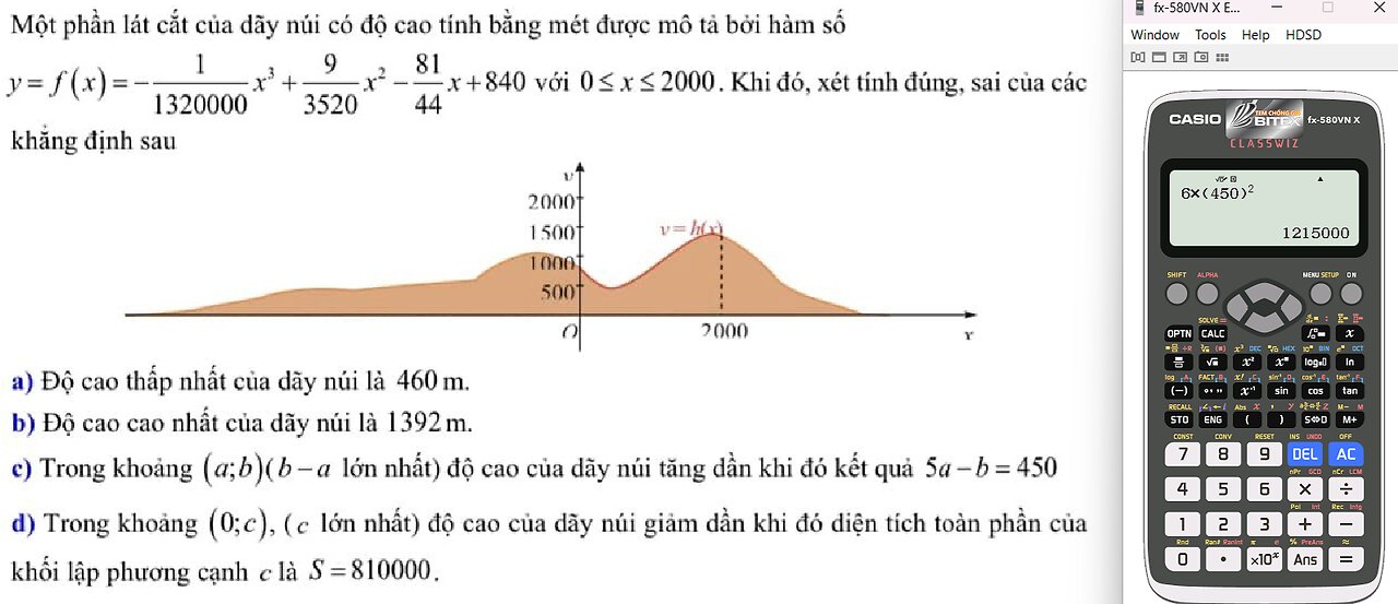 Toán 12: Thủ thuật CASIO: Một phần lát cắt của dãy núi có độ cáo tình bằng mét