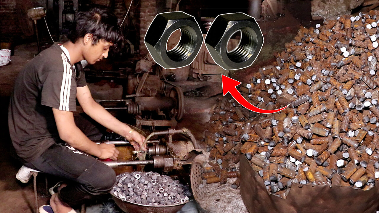 Hex Nut Bolt Making Using Rusty Old Iron Bar.