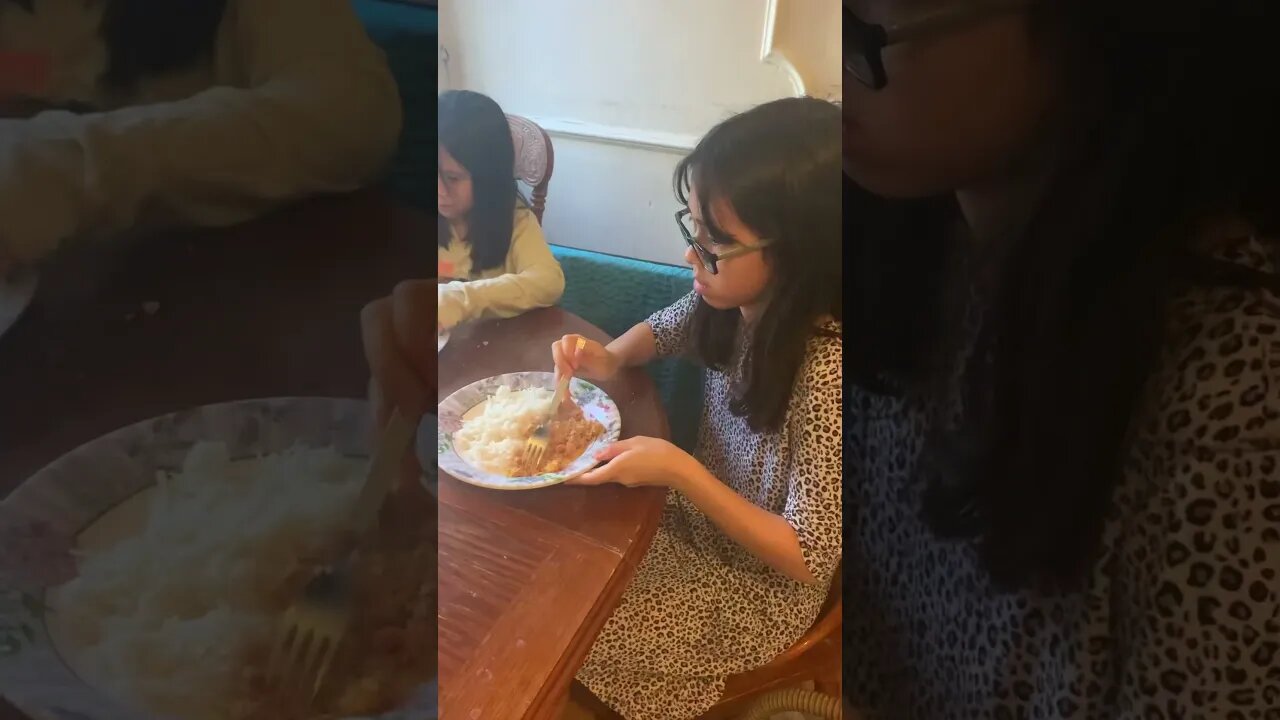 Beautiful morning routine -all of us eat-baby Andrei thinks toy dinosaurs eat too