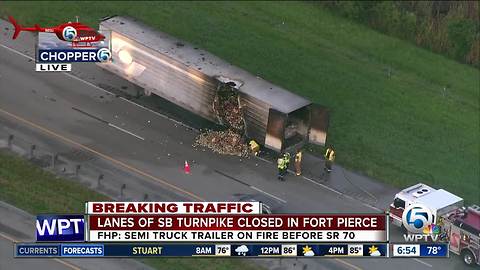 Semi catches fire on the Turnpike southbound in St. Lucie County