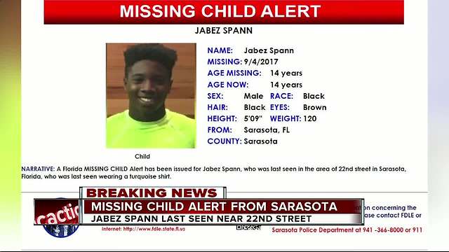 Missing Child Alert issued for 14-year-old Sarasota boy