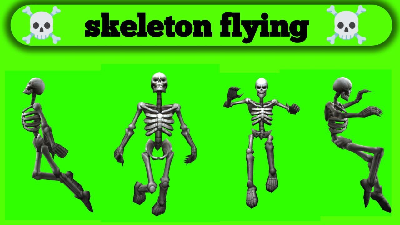 skeleton flying green screen video | 3d catoon skeleton flying green screen video |