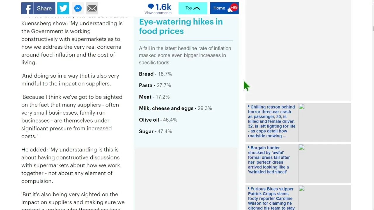 由於頑固的通貨膨脹導致雜貨價格在生活成本危機中飆升，英國首相可能會引入麵包和牛奶的超市價格上限