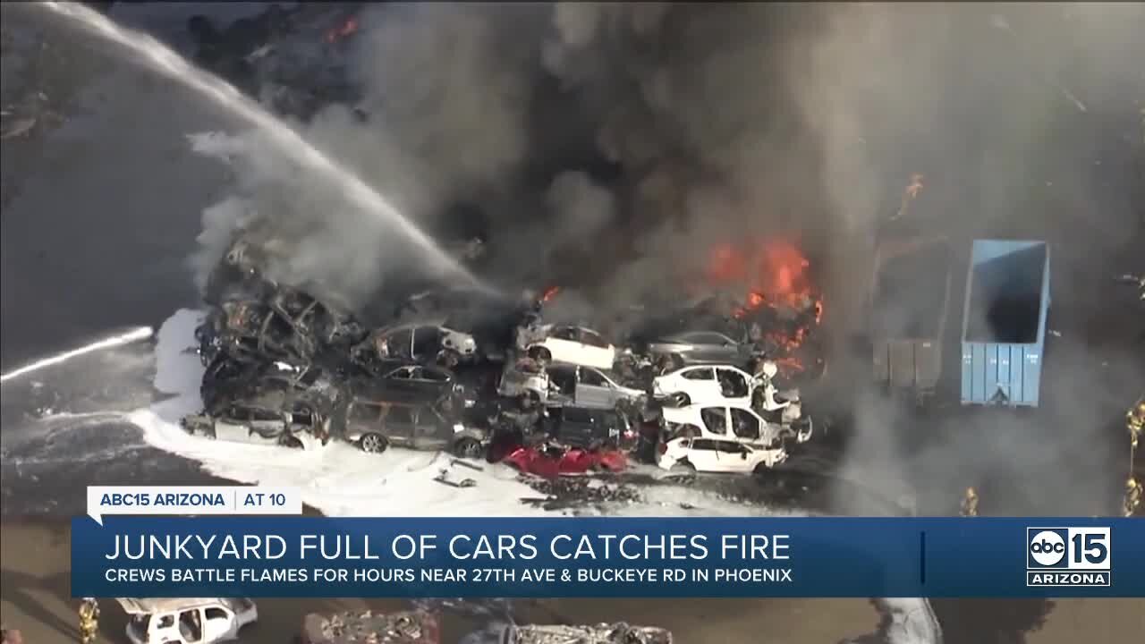 Phoenix junkyard full of cars catches fire Tuesday